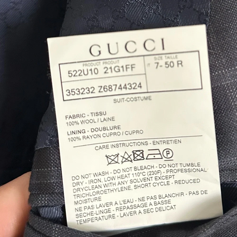 Gucci Mens Suit Coat Dark Gray Windowpane Plaid Wool GG Monogram Italian Luxury